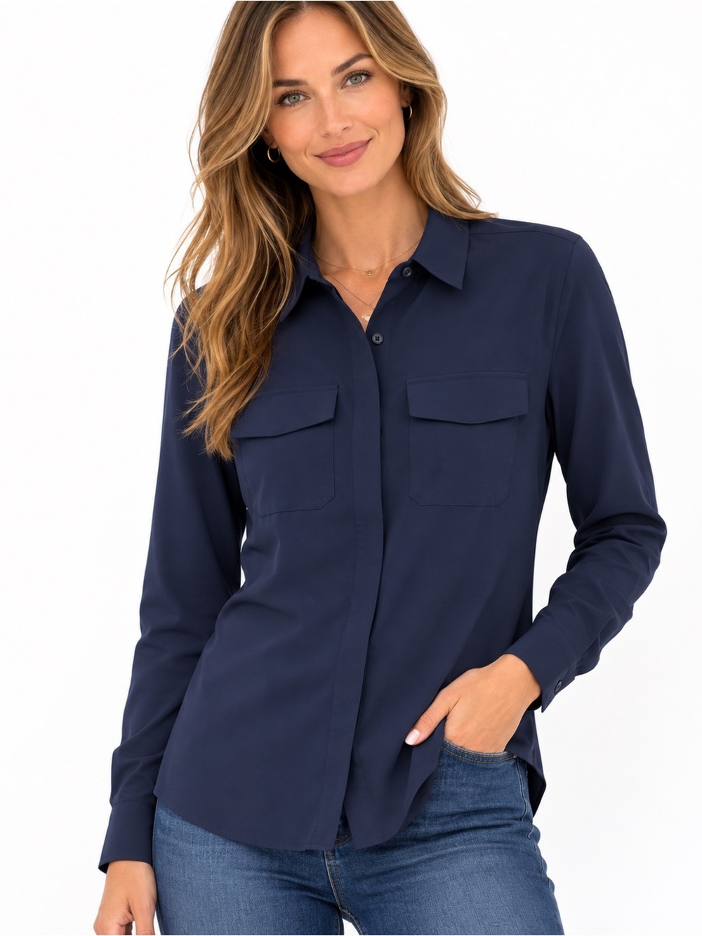 Bluffworks Woman Azores Blouse Size S Navy Blue Stretch Travel Button Up Shirt